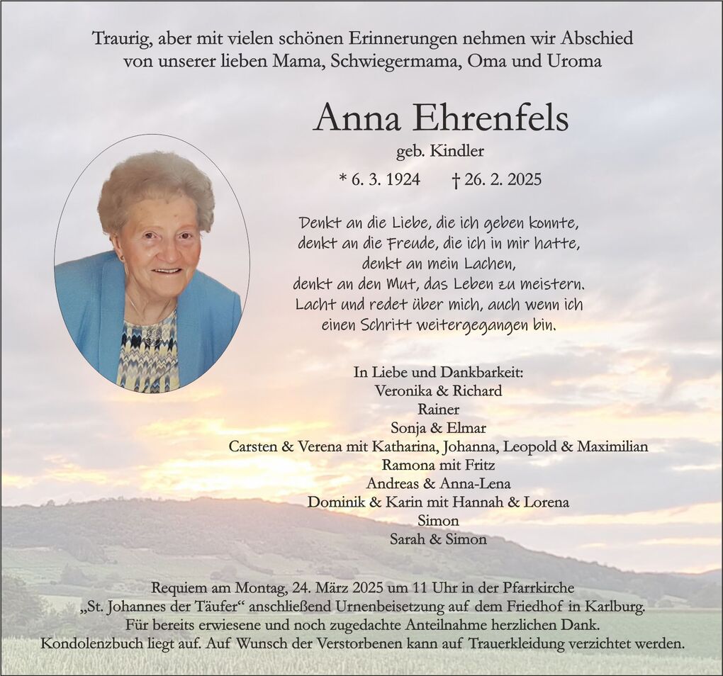 Traueranzeige f&uuml;r Anna Ehrenfels mit Fotografie, Geburts- und Sterbedatum sowie Erinnerungen ihrer Angeh&ouml;rigen.