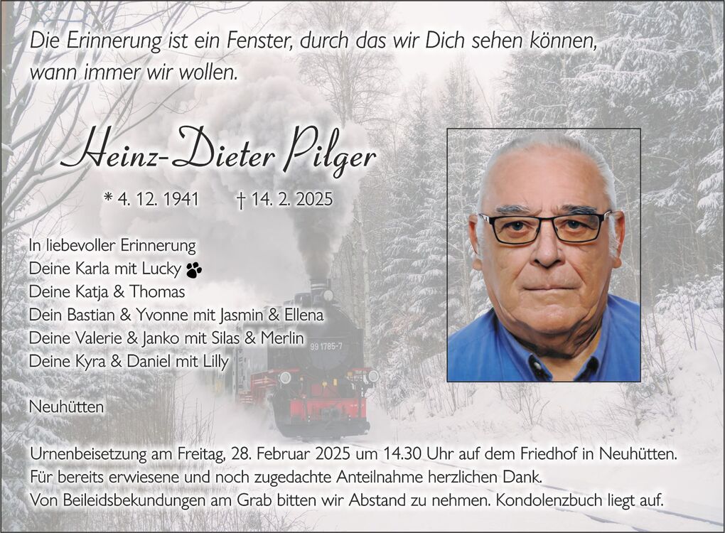 Trauerkarte mit Foto von Heinz-Dieter Pilger, Geburts- und Sterbedaten, sowie Erinnerungen von Angeh&ouml;rigen.