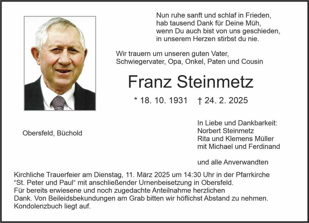 Traueranzeige mit einem Foto von Franz Steinmetz, Geburts- und Sterbedaten sowie Details zur Trauerfeier.