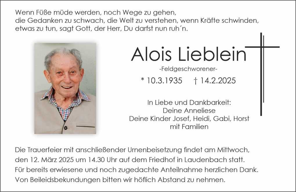 Traueranzeige f&uuml;r Alois Lieblein mit Lebensdaten, einem Foto und Informationen zur Trauerfeier.