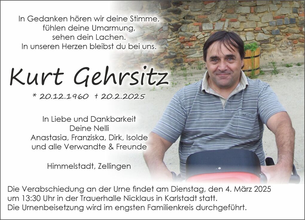 Traueranzeige mit Bild von Kurt Gehrsitz, inkl. Lebensdaten und Details zur Urnenfeier in Himmelstadt.