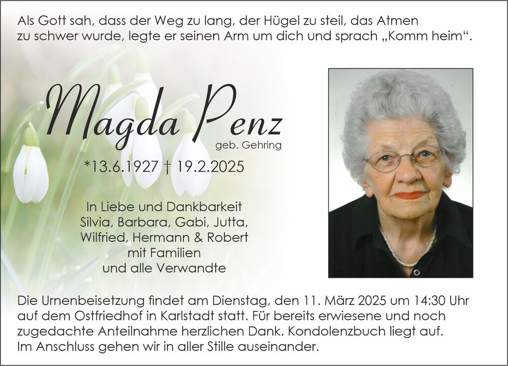 Sterbebild f&uuml;r Magda Penz mit Geburts- und Sterbedatum, samt Trauertext und Ank&uuml;ndigung der Urnenbeisetzung.