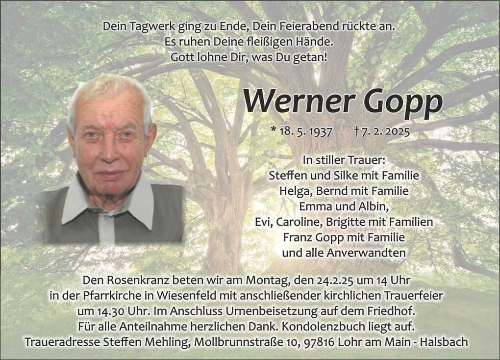 Bild eines Nachrufs f&uuml;r Werner Gopp mit seinem Foto, Biografie und Traueranzeige vor einem Hintergrund von Baum&auml;sten.