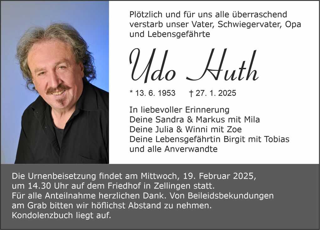 Port&auml;t eines Mannes mit lockigem Haar, umgeben von Traueranzeigen und Informationen zur Urnenbeisetzung.