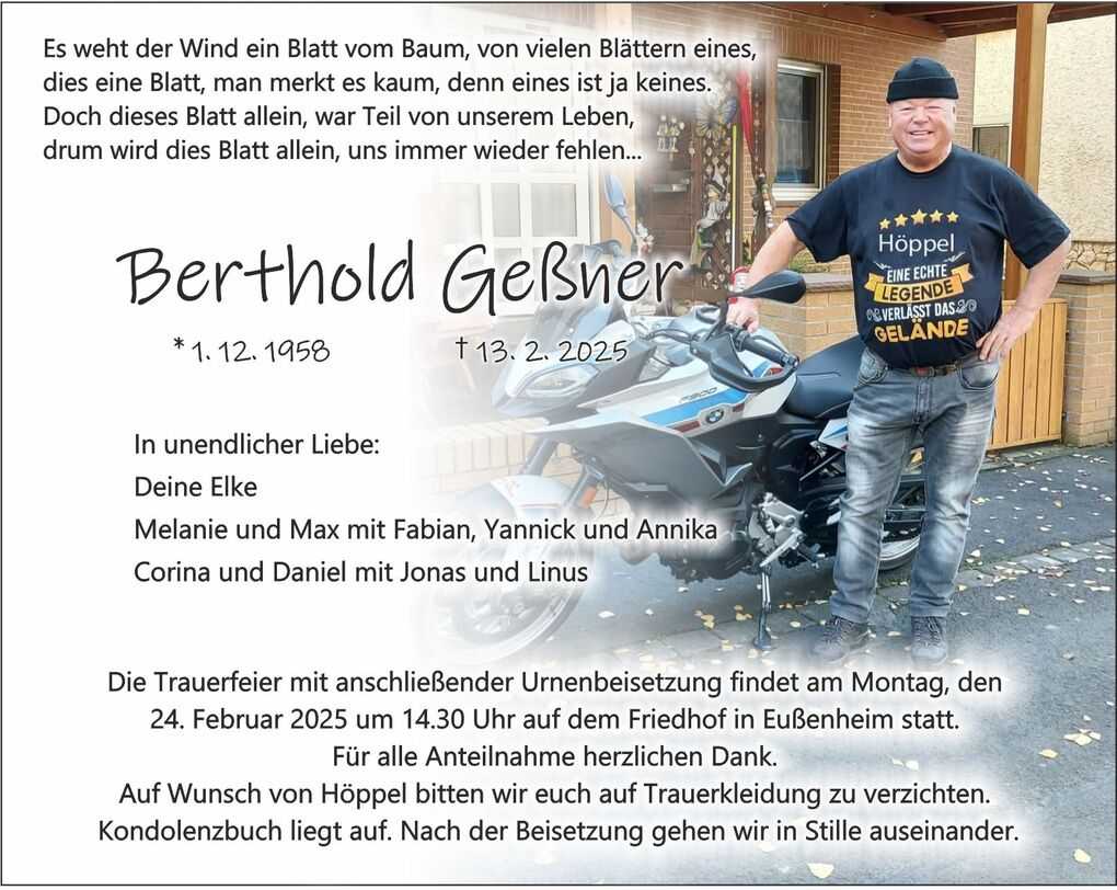 Traueranzeige f&uuml;r Berthold Ge&szlig;ner mit pers&ouml;nlicher Botschaft, Foto von ihm vor einem Motorrad.