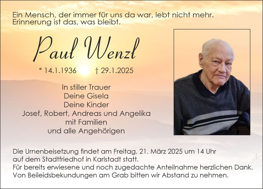 Erinnerungskarte zu Ehren von Paul Wenzl mit pers&ouml;nlichem Foto, Lebensdaten und Trauerschrift.