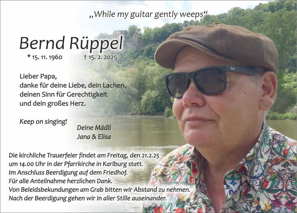 Trauerkarte mit Foto von Bernd R&uuml;ppel, pers&ouml;nlichen Erinnerungen und Angaben zur Trauerfeier am 21. Februar 2025.