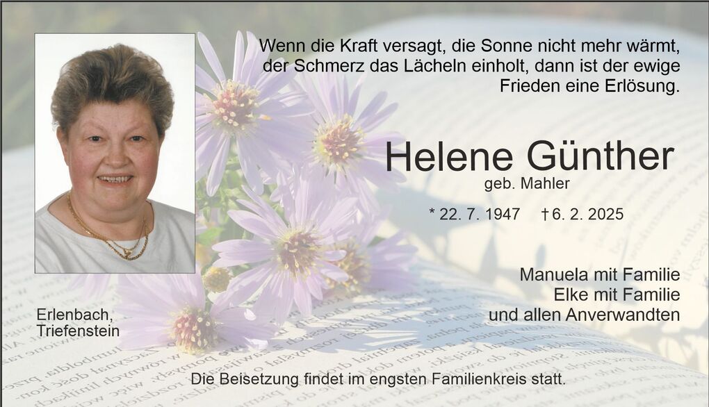 Foto einer Frau mit hellem L&auml;cheln, umgeben von Blumen und Text, in Erinnerung an Helene G&uuml;nther.