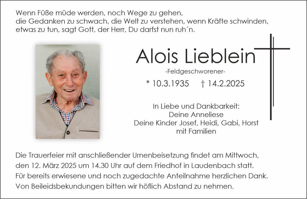 Traueranzeige f&uuml;r Alois Lieblein mit Lebensdaten, einem Foto und Informationen zur Trauerfeier.