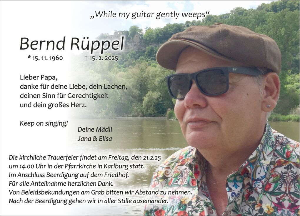 Trauerkarte mit Foto von Bernd R&uuml;ppel, pers&ouml;nlichen Erinnerungen und Angaben zur Trauerfeier am 21. Februar 2025.