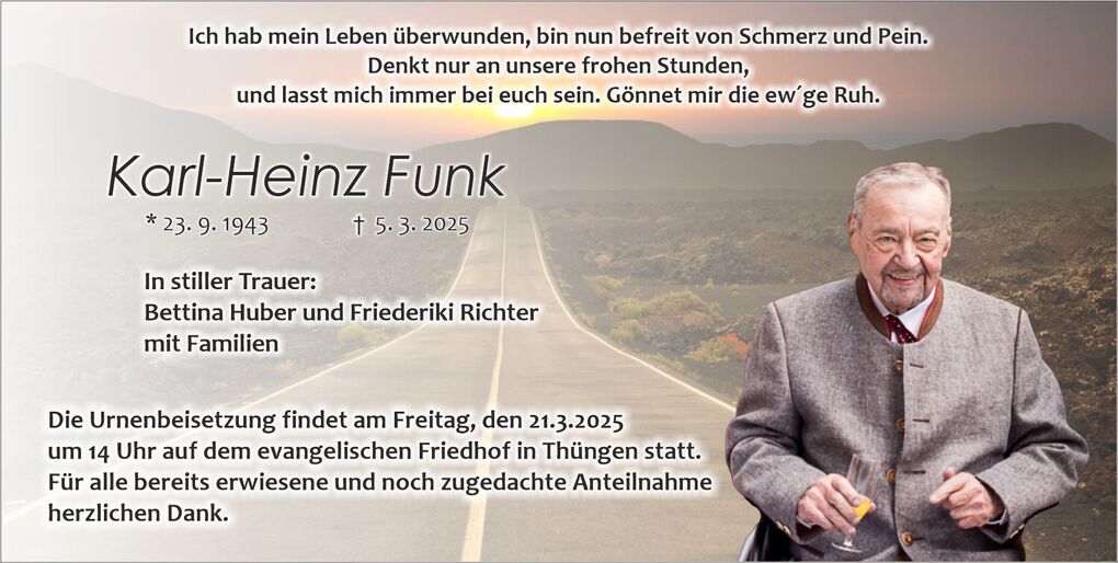 Trauerkarte f&uuml;r Karl-Heinz Funk mit Geburts- und Sterbedatum, Trauermitteilung und Urnenbeisetzungsdetails vor einer Landschaft.