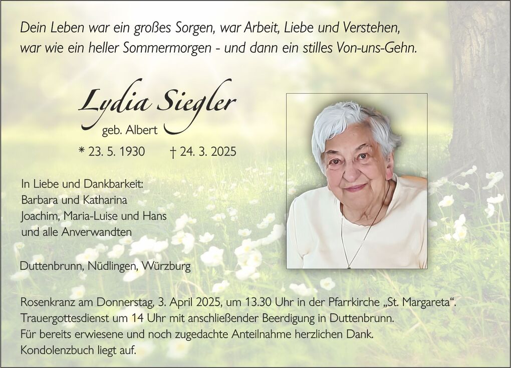 Traueranzeige f&uuml;r Lydia Siegler mit pers&ouml;nlichen Daten und Dankesworten vor einem bl&uuml;henden Hintergrund.