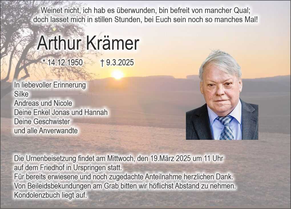 Traueranzeige f&uuml;r Arthur Kr&auml;mer mit Foto, Geburts- und Sterbedaten sowie Erinnerungen und Beisetzungsinformation.