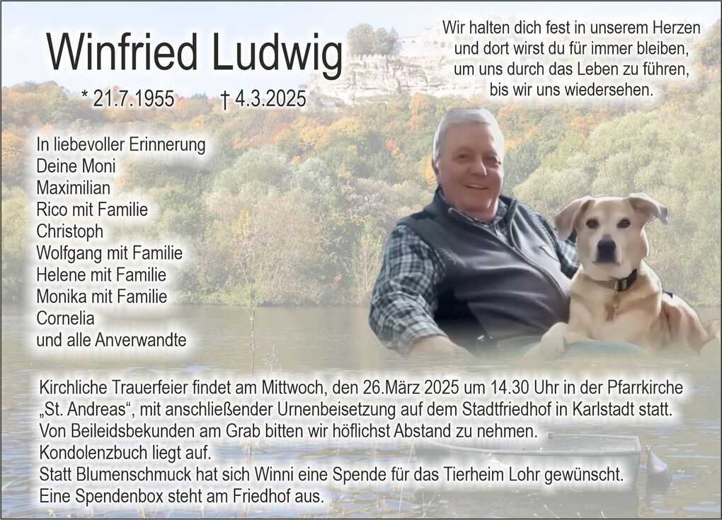 Traueranzeige f&uuml;r Winfried Ludwig mit Bild von ihm und einem Hund, umgeben von einer nat&uuml;rlichen Szenerie.