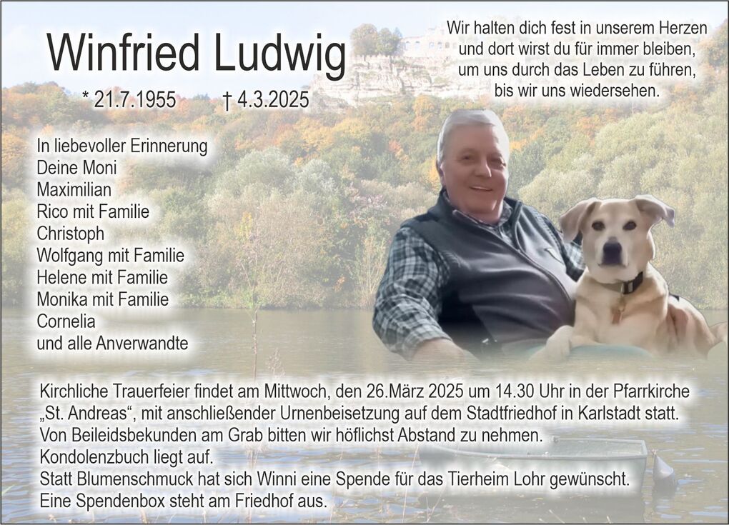 Traueranzeige f&uuml;r Winfried Ludwig mit Bild von ihm und einem Hund, umgeben von einer nat&uuml;rlichen Szenerie.