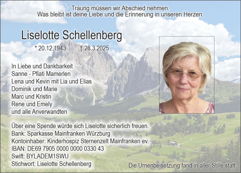 Traueranzeige f&uuml;r Liselotte Schellenberg mit Foto, Geburts- und Sterbedatum, sowie Raum f&uuml;r Spendeninformationen.