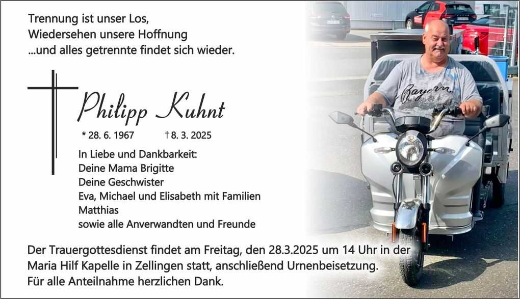 Traueranzeige f&uuml;r Philipp Kuhnt mit Geburts- und Sterbedaten sowie Informationen zum Trauergottesdienst.