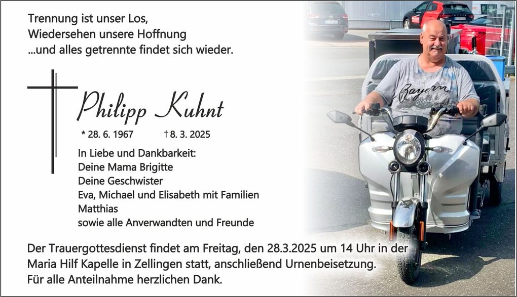 Traueranzeige f&uuml;r Philipp Kuhnt mit Geburts- und Sterbedaten sowie Informationen zum Trauergottesdienst.