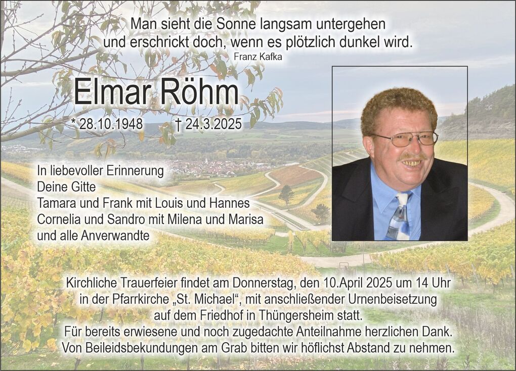 Traueranzeige f&uuml;r Elmar R&ouml;hm mit Lebensdaten, pers&ouml;nlichen Erinnerungen und Details zur Trauerfeier in l&auml;ndlicher Kulisse.