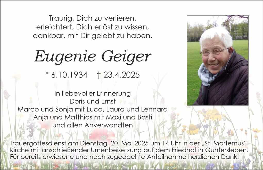 Traueranzeige f&uuml;r Eugenie Geiger mit Geburts- und Todestag sowie Beileidsbekundungen und Gottesdienstinformationen.