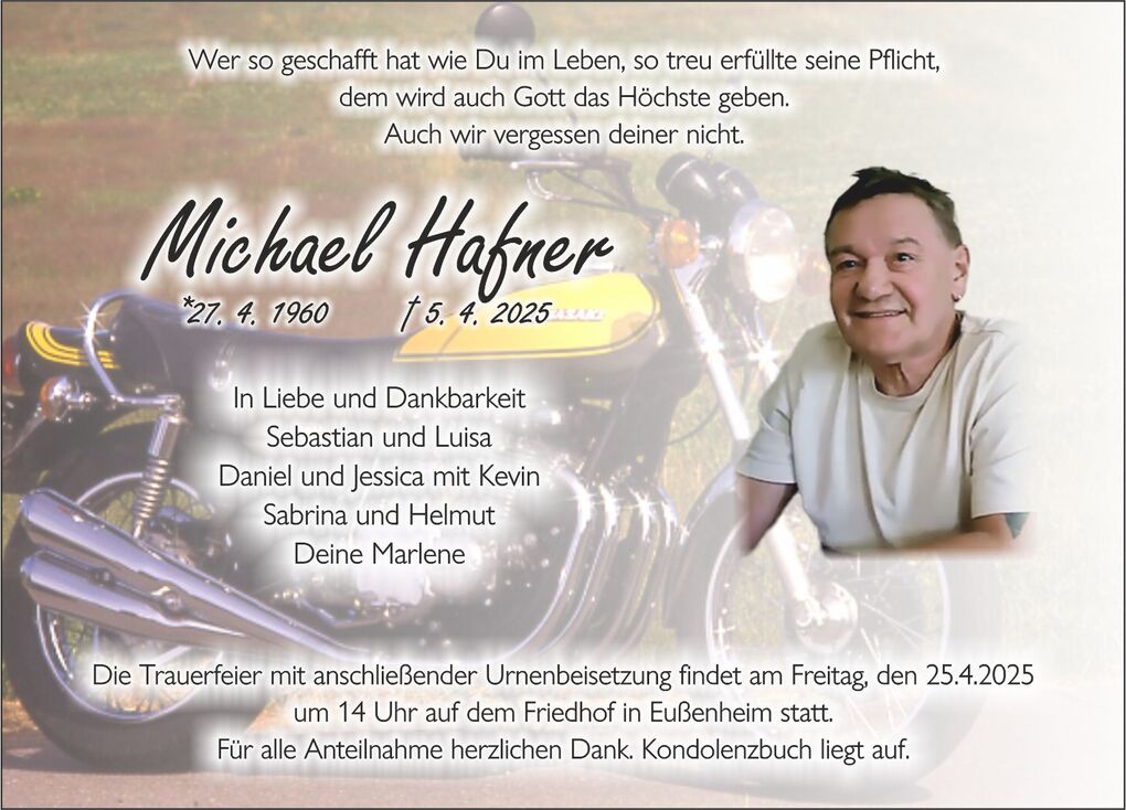 In Memoriam: Bild mit Text zu Michael Hafner, umgeben von einer Motorrad-Szene und pers&ouml;nlichen Dankesworten von Angeh&ouml;rigen.