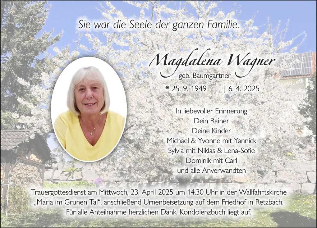 Trauereinladung f&uuml;r Magdalena Wagner, umgeben von bl&uuml;henden B&auml;umen und pers&ouml;nlicher Botschaft der Angeh&ouml;rigen.