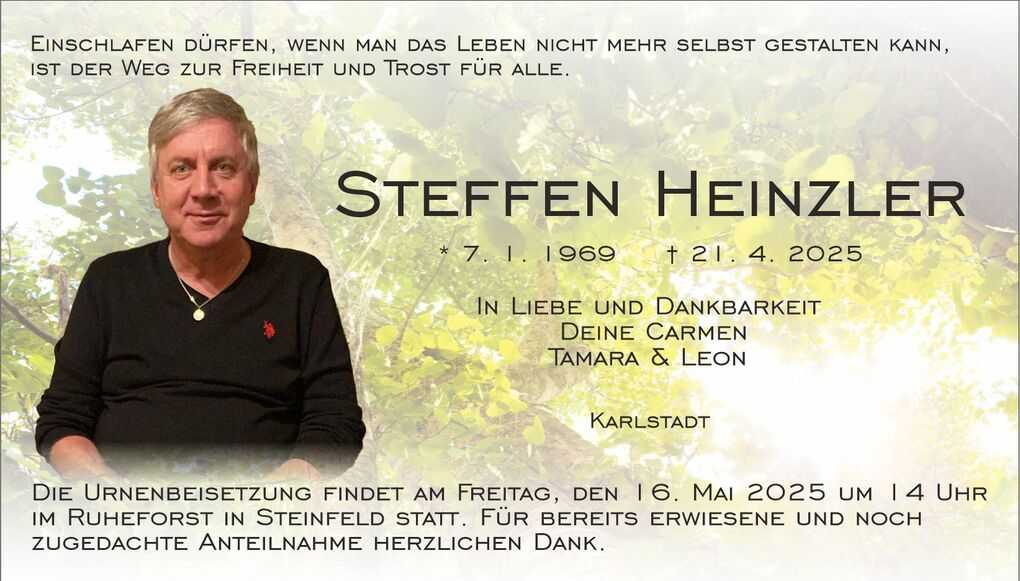 Erinnerungskarte f&uuml;r Steffen Heinzler mit Bild, Geburts- und Sterbedaten sowie Detail zur Urnenbeisetzung in Steinfeld.
