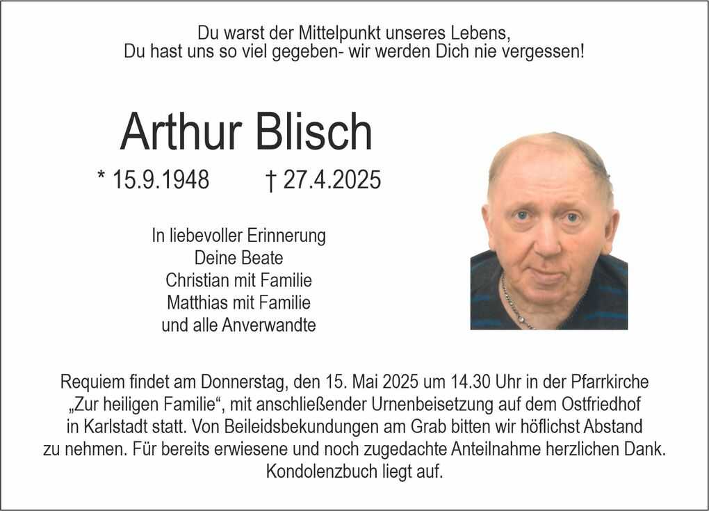 Erinnerungskarte mit dem Foto von Arthur Blisch, Geburts- und Sterbedatum sowie Traueranzeige f&uuml;r die Beisetzung.