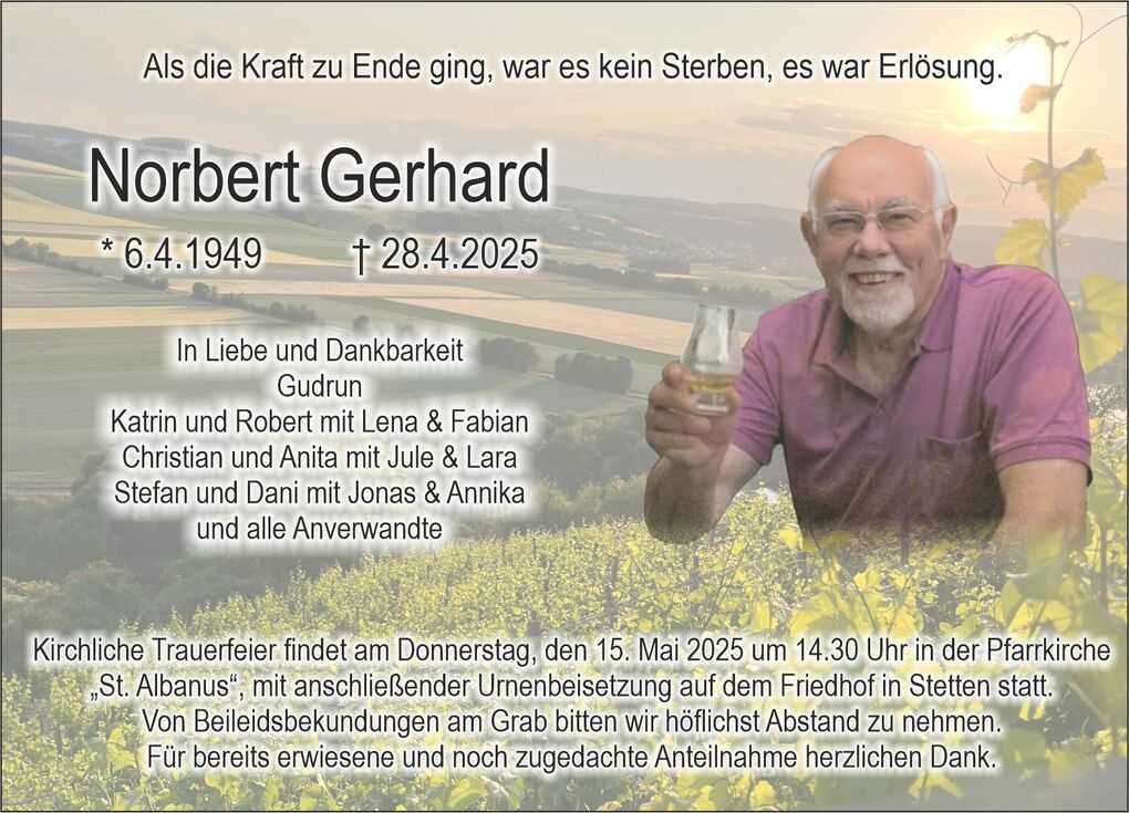 Trauerbild mit Portr&auml;t von Norbert Gerhard, umgeben von einer l&auml;ndlichen Szenerie, mit Trauerspruch und Erinnerungen.