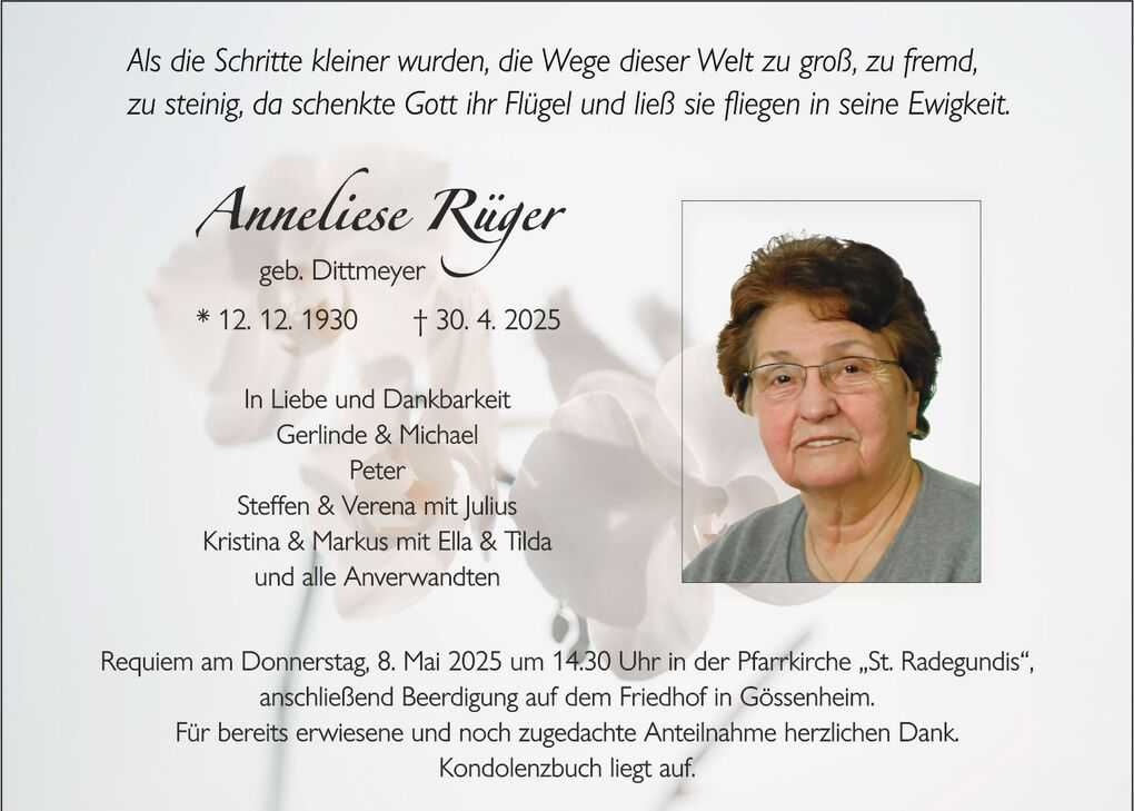 Trauerkarte f&uuml;r Anneliese R&uuml;ger mit Text, Geburts- und Sterbedaten sowie Photo einer &auml;lteren Frau.