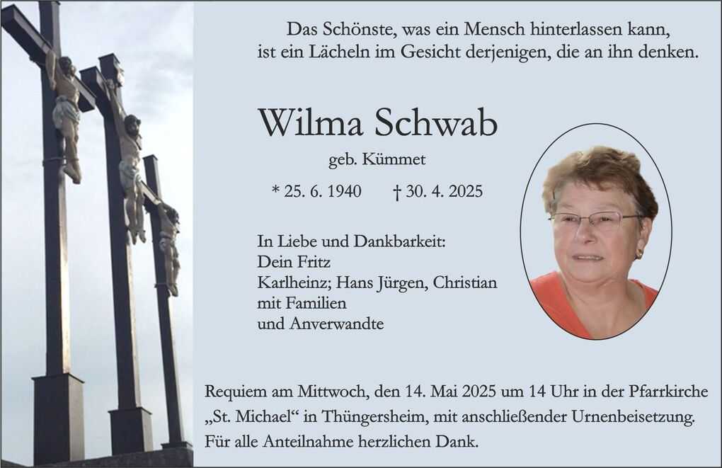 Gedenkbild f&uuml;r Wilma Schwab mit Portraitfoto, Geburts- und Sterbedaten sowie Traueranzeige.