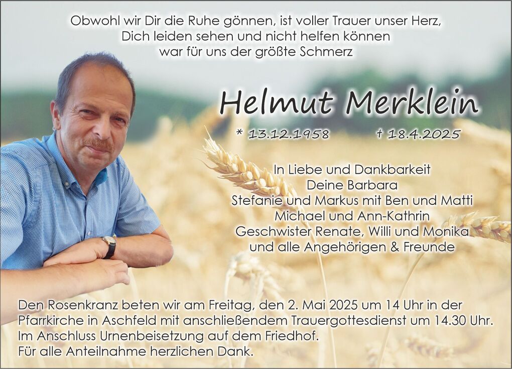 Traueranzeige f&uuml;r Helmut Merklei, mit Bild und pers&ouml;nlichen Daten in einem Weizenfeld-Hintergrund.