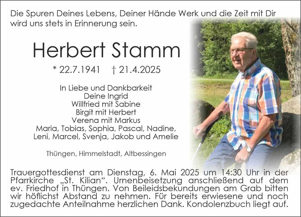 Traueranzeige f&uuml;r Herbert Stamm mit Lebensdaten, Dankesworten und Informationen zum Trauergottesdienst.