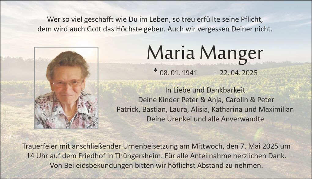 Foto einer Traueranzeige mit einem Portrait von Maria Manger, deren Lebensdaten und Informationen zur Trauerfeier.