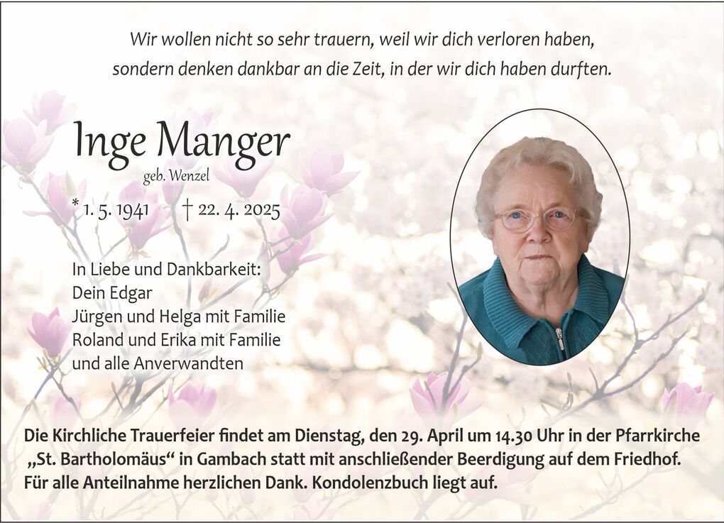 Traueranzeige f&uuml;r Inge Manger mit Foto, pers&ouml;nlichen Danksagungen und Details zur Trauerfeier in bl&uuml;hender Hintergrundgestaltung.