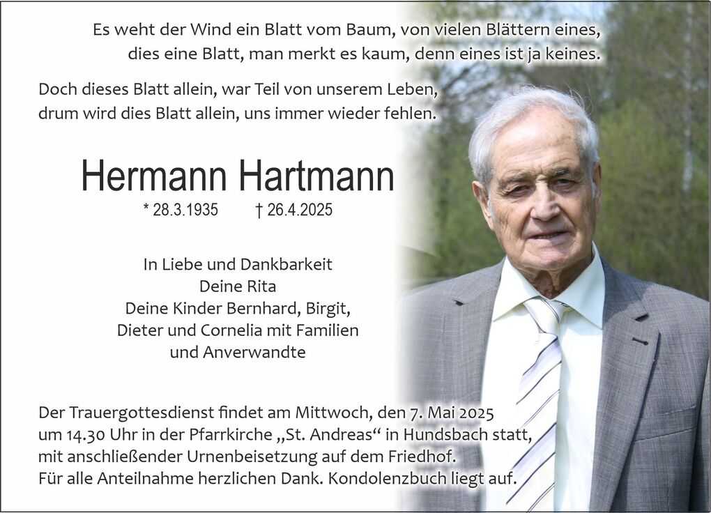 Traueranzeige f&uuml;r Hermann Hartmann mit Lebensdaten und Informationen zum Trauergottesdienst.