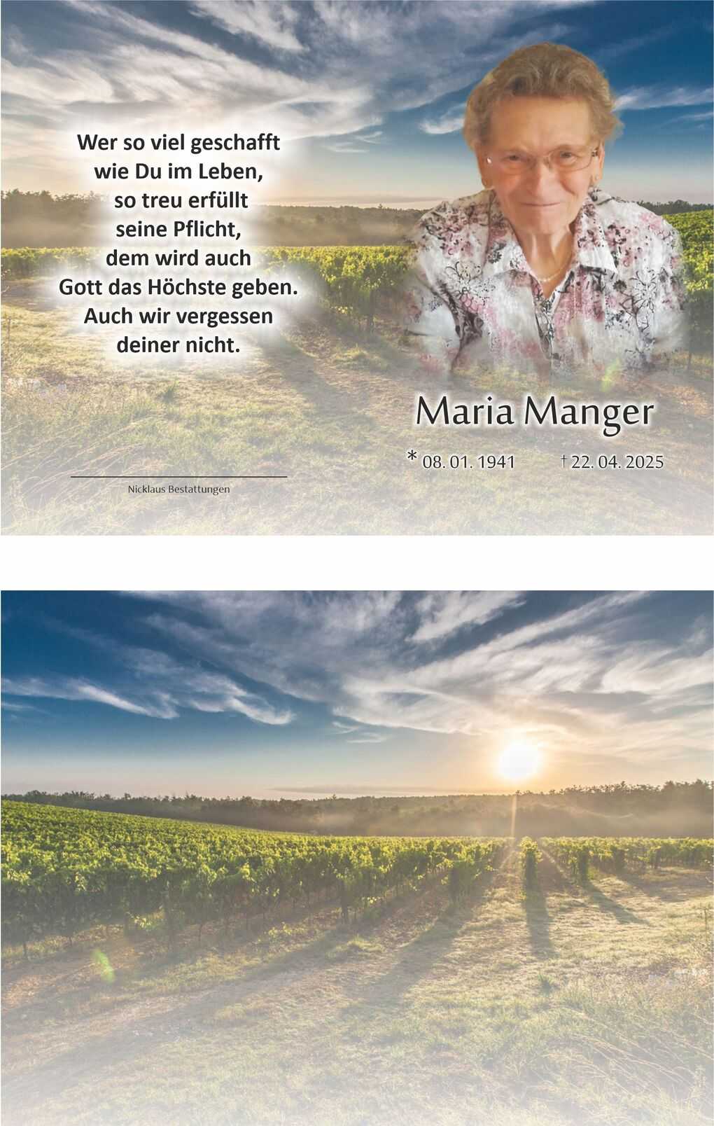 Gedenkbild mit Portrait von Maria Manger, umgeben von Weinberg und Text mit Lebensdaten und Nachruf.