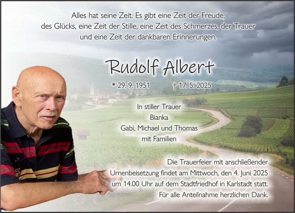 Bild von Rudolf Albert, einem &auml;lteren Mann, umgeben von Traueranzeigen und einer landschaftlichen Kulisse.