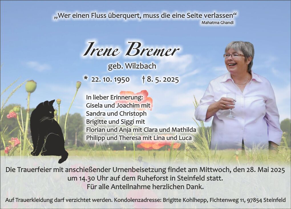 Traueranzeige f&uuml;r Irene Bremer mit Geburts- und Sterbedaten sowie Erinnerungen von Angeh&ouml;rigen, Blumenmotiv im Hintergrund.
