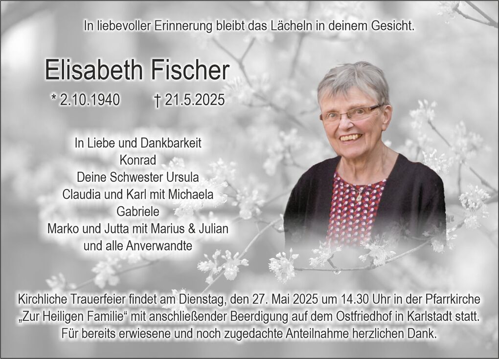 Gedenkbild für Elisabeth Fischer mit Datum und Dankesworten vor blassem Blütenhintergrund.