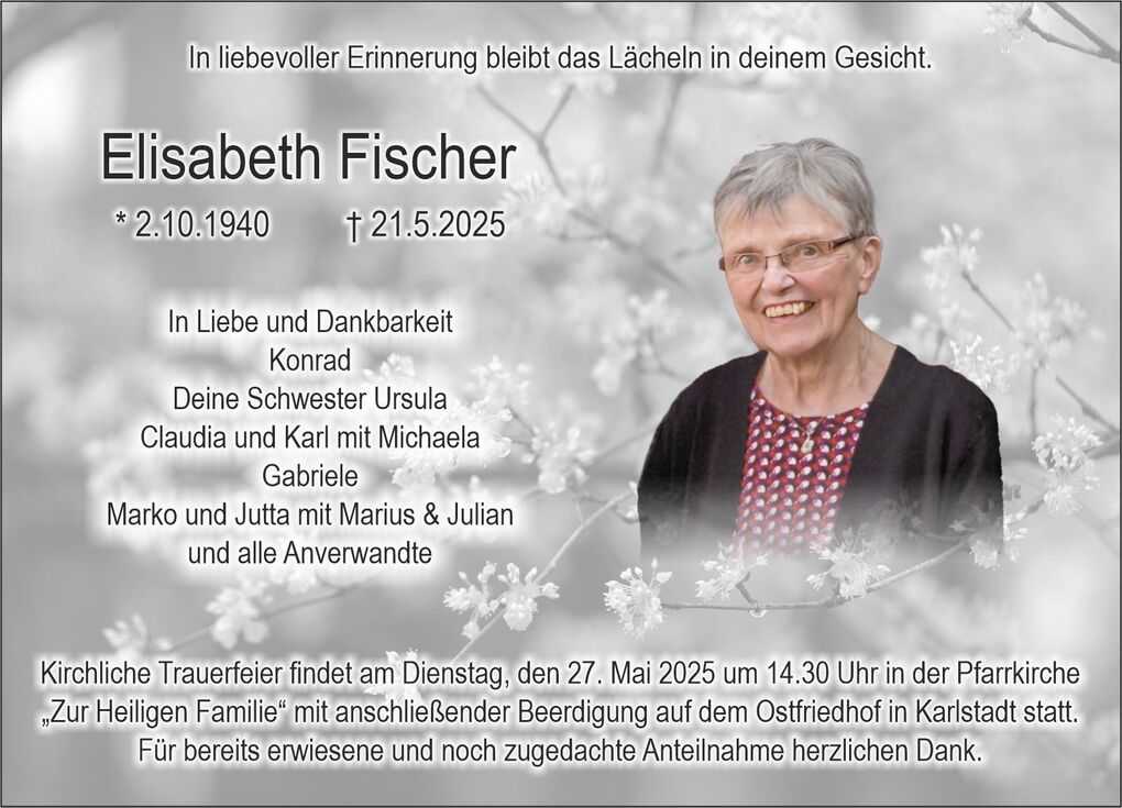 Gedenkbild f&uuml;r Elisabeth Fischer mit Datum und Dankesworten vor blassem Bl&uuml;tenhintergrund.