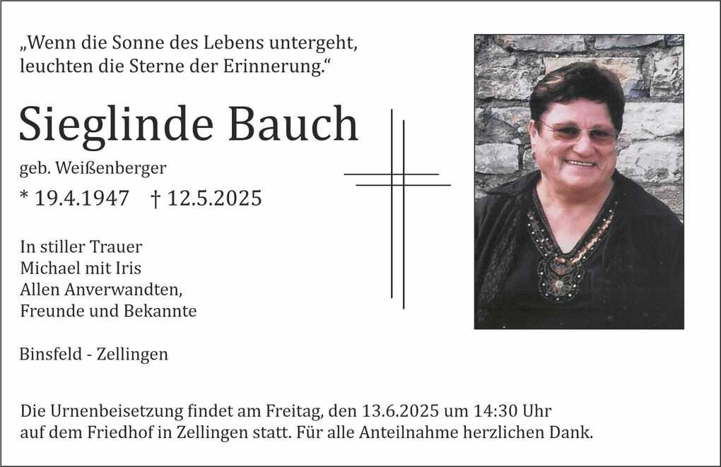 Traueranzeige f&uuml;r Sieglinde Bauch, mit Geburtsdatum 19.4.1947 und Sterbedatum 12.5.2025, umrahmt von einem Bild.