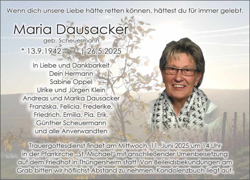 Traueranzeige f&uuml;r Maria Dausacker mit pers&ouml;nlichen Botschaften und Termininformationen zum Trauergottesdienst.