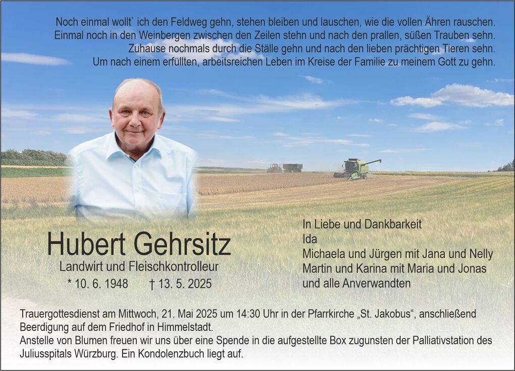 Trauerkarte mit Bild eines Landwirts vor einem Feld und einer Erntemaschine, Text erinnert an Hubert Gehrsitz.
