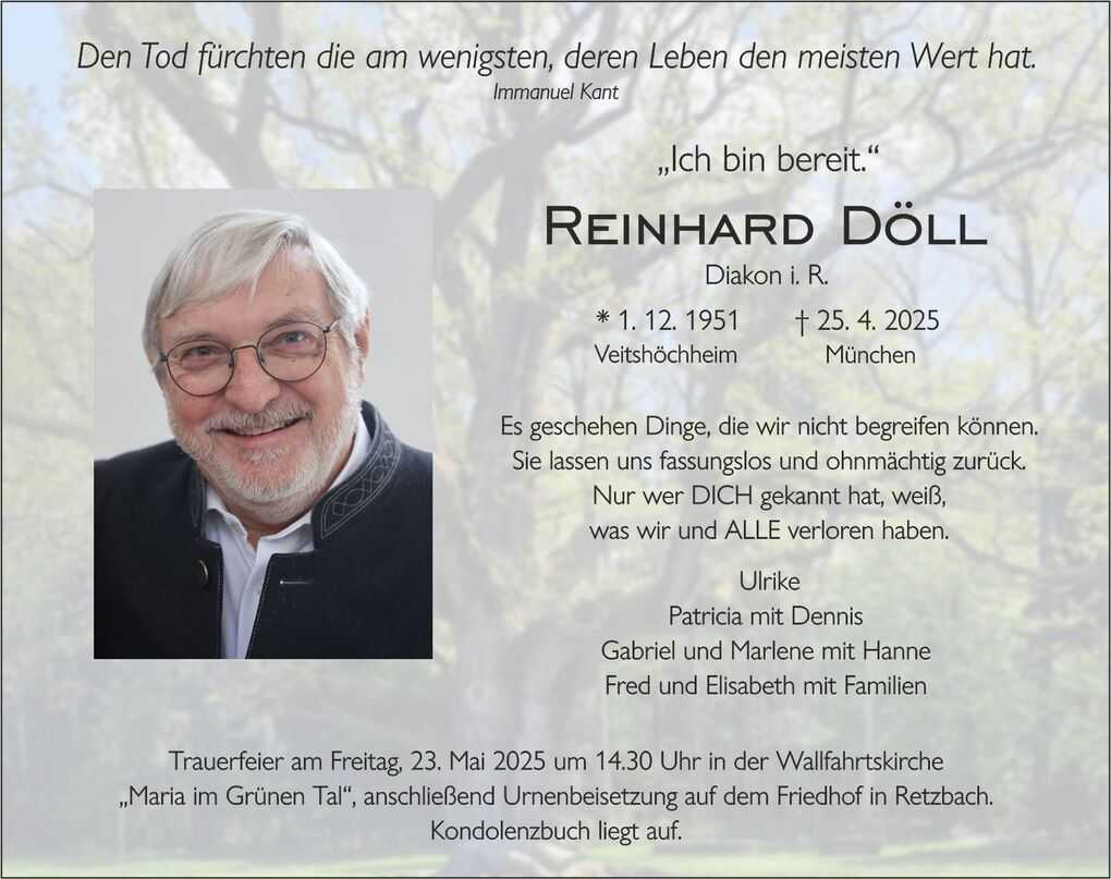 Traueranzeige f&uuml;r Reinhard D&ouml;ll, Diakon, mit Bild und Trauerbotschaft. Datum und Ort der Trauerfeier sind aufgef&uuml;hrt.