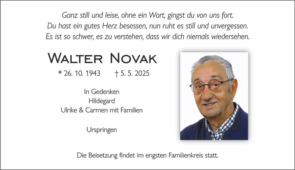 Trauerkarte f&uuml;r Walter Novak mit Daten und pers&ouml;nlicher Widmung, begleitet von einem Foto eines &auml;lteren Mannes.