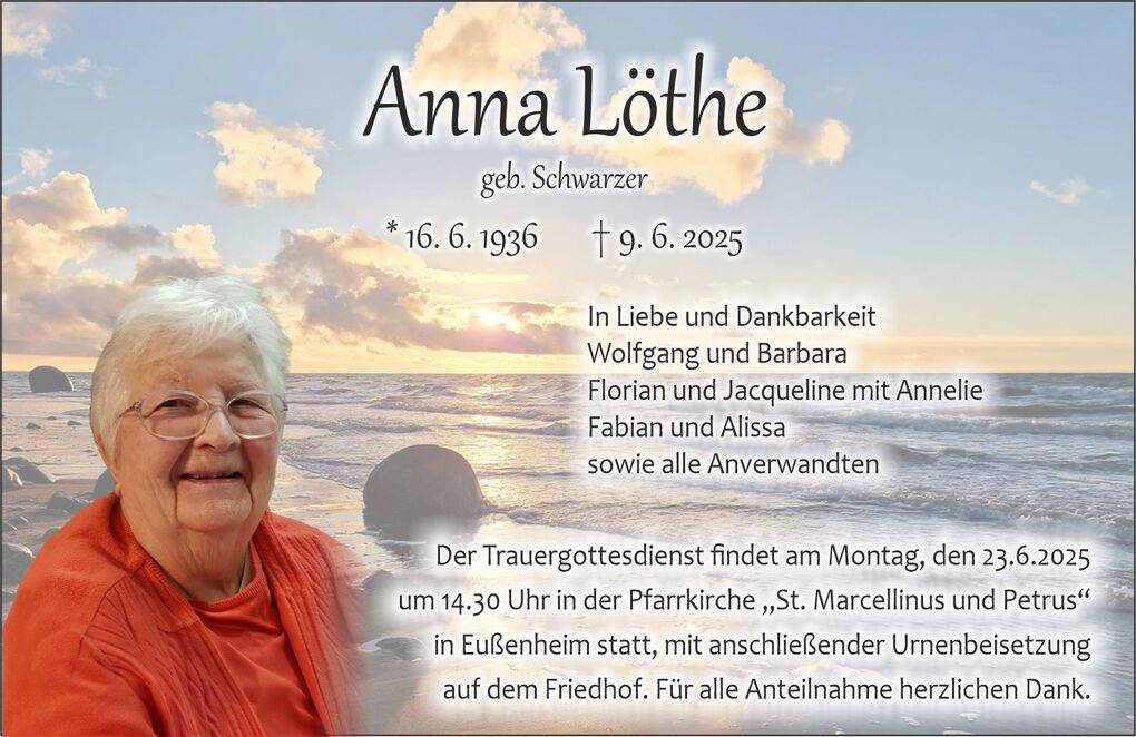 Traueranzeige für Anna Löthe mit Bild einer lächelnden Frau vor einem maritimen Hintergrund und Hinweisen zur Trauerfeier.