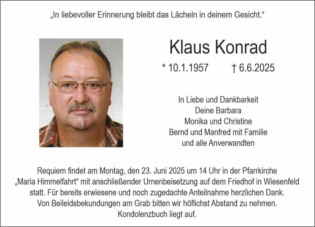 Bild eines Nachrufes f&uuml;r Klaus Konrad mit seinem Foto, Lebensdaten und Informationen zur Trauerfeier.