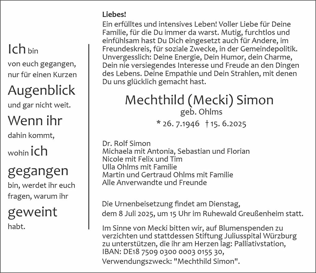 Sterbeanzeige für Mechthild Simon mit Informationen zur Urnenbeisetzung und zur Unterstützung einer Stiftung.