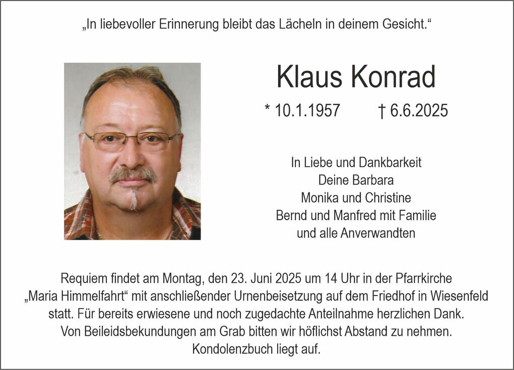 Bild eines Nachrufes f&uuml;r Klaus Konrad mit seinem Foto, Lebensdaten und Informationen zur Trauerfeier.